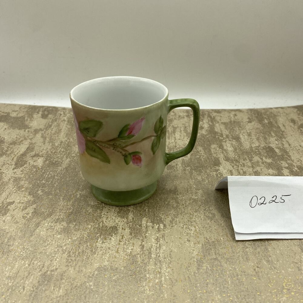 Vintage Green With Pink Floral Design Ceramic Porcelain Tea Cup Signed By Artist